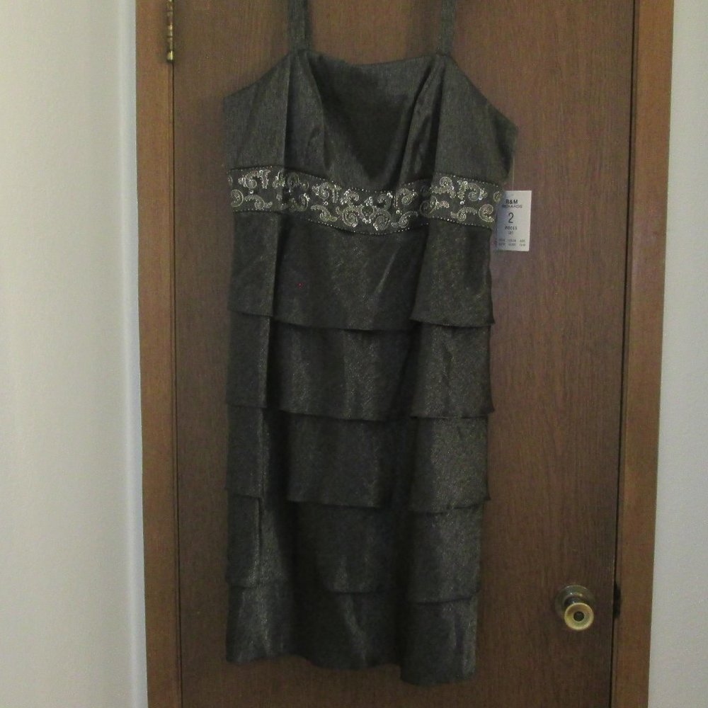 NWT R&M Richards Womens Ruffled Embroidered Dress Jacket Set Silver Tone…
